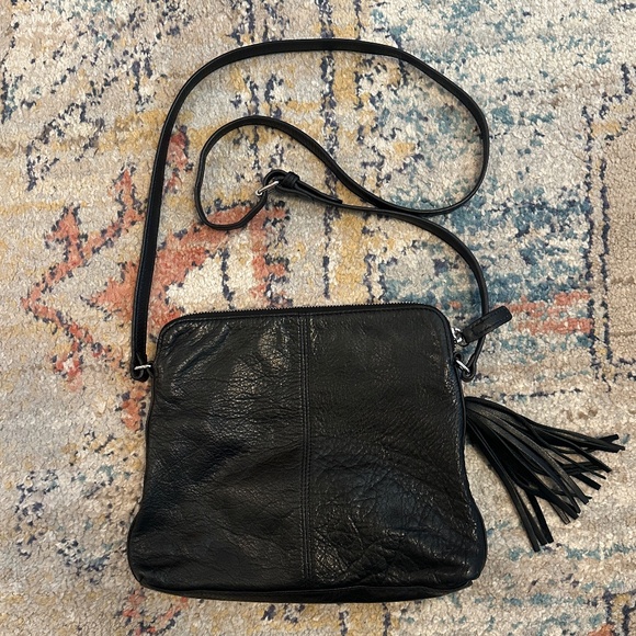 Margot pebbled black leather cross body with leather tassel w/silver hardware - Picture 2 of 14